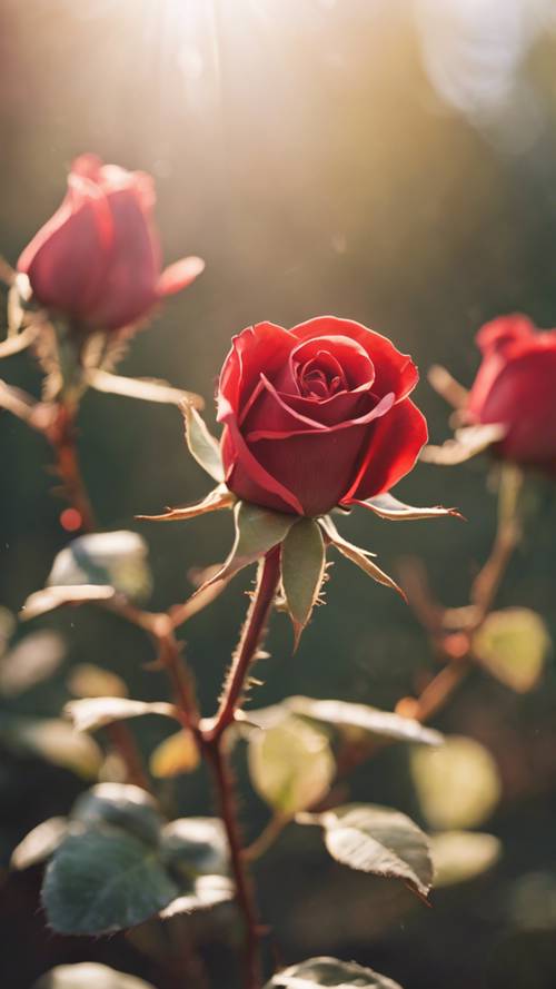 Un primer plano de un único y estético capullo de rosa roja en flor bajo la luz del sol de la mañana.