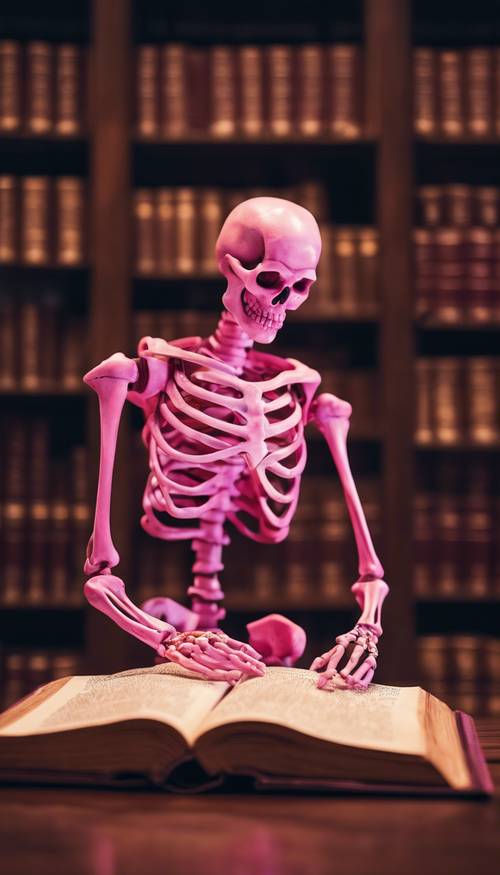 Un esqueleto rosa brillante leyendo un libro antiguo en una biblioteca tranquila y con poca luz.
