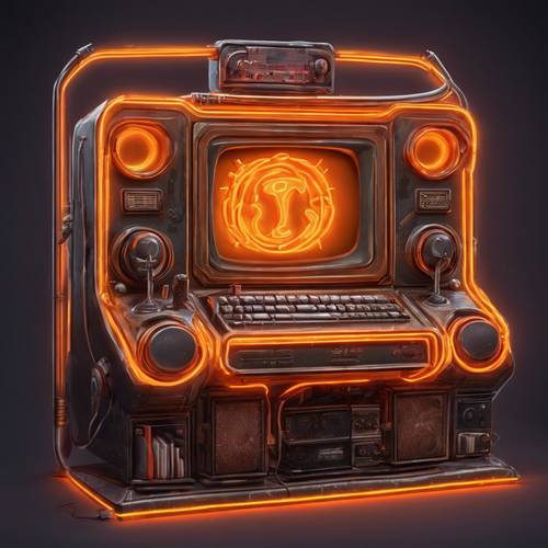 Tanda neon oranye dari audio game di studio vintage.