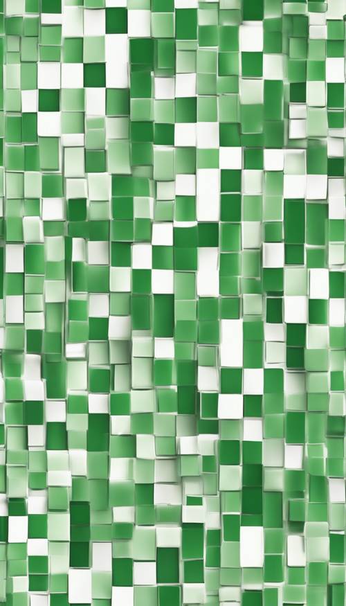 Patrón de papel tapiz moderno que presenta llamativos cuadrados a cuadros verdes y blancos, inspirados en la década de 1960.