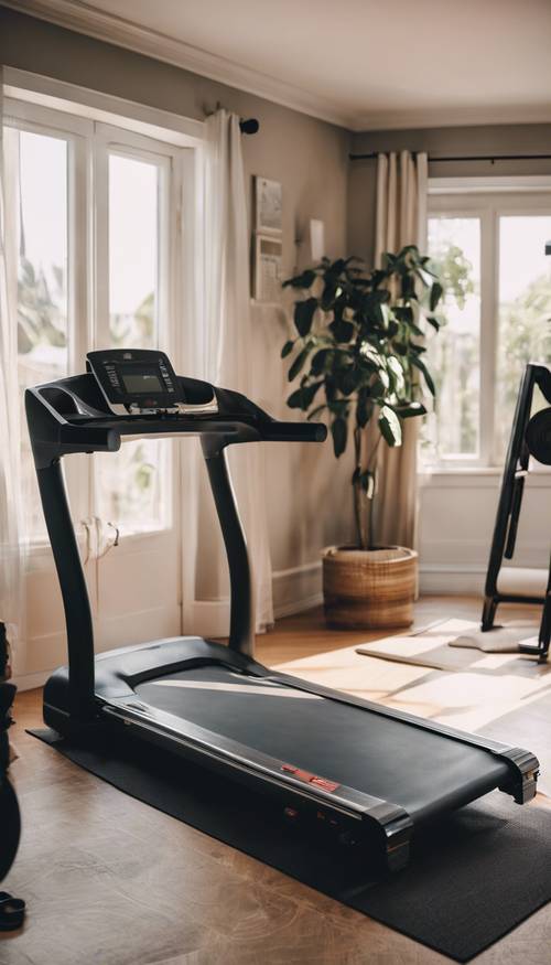 An intimate home gym with the essentials: a treadmill, some weights, and yoga mat". Tapeta [4351db96783743839a24]