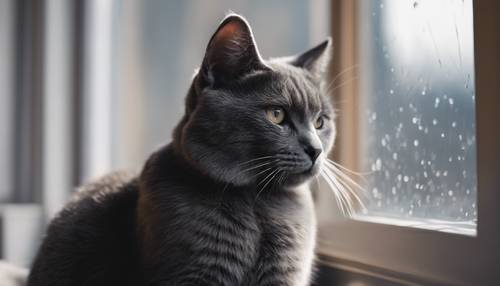 Parlak kürklü koyu gri bir kedi pencerenin yanında oturuyor.