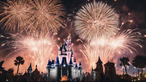 Cinderella&#39;nın şatosunun üzerindeki gökyüzünü aydınlatan havai fişeklerle Orlando&#39;nun tema parklarının panoramik manzarası.