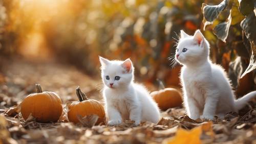 Tiga anak kucing putih, dengan penasaran menjelajahi ladang labu, kejenakaan mereka yang lucu tertangkap dalam cahaya keemasan musim gugur.