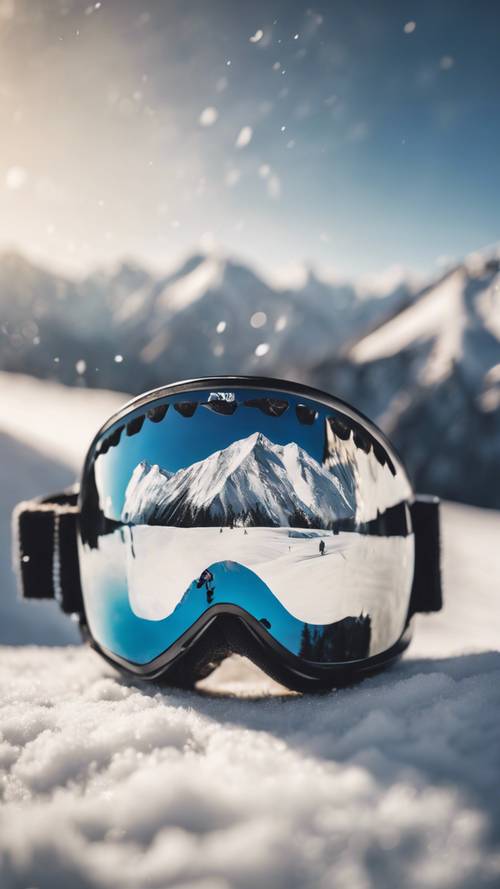 Reflection of a daring snowboarder on mirrored ski goggles set against the backdrop of snow-capped mountain range.