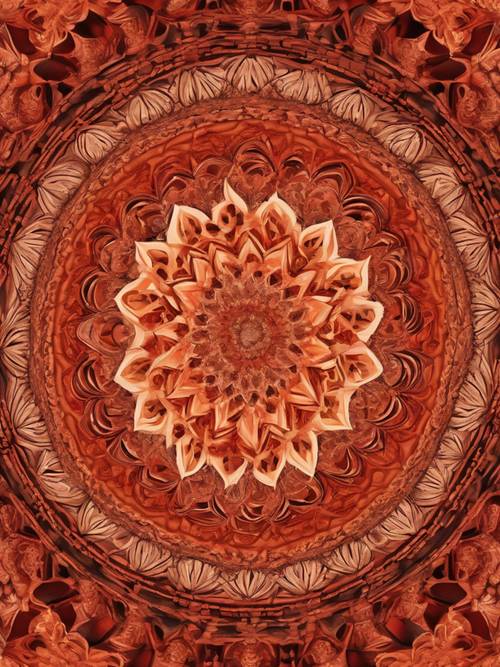 Mandala-Muster in feurigen Rot- und Orangetönen, sich nahtlos wiederholend.