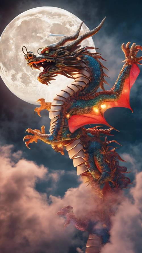 A vibrant oriental dragon flying amidst the clouds under a full moon light.