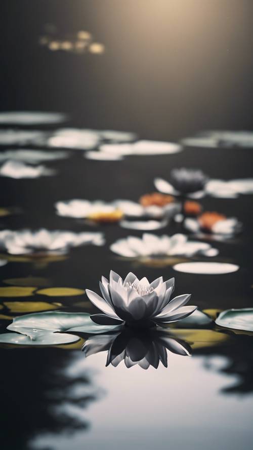 Desain minimalis bergaya zen menampilkan bunga teratai hitam anggun yang mengambang di kolam koi yang tenang.