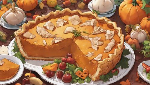 Representação em anime de torta de abóbora e peru, principais destaques do menu do Dia de Ação de Graças.