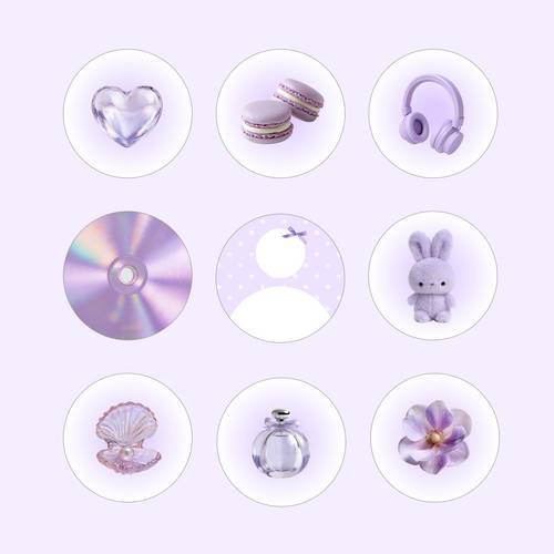 Colección de artículos adorables con temática morada