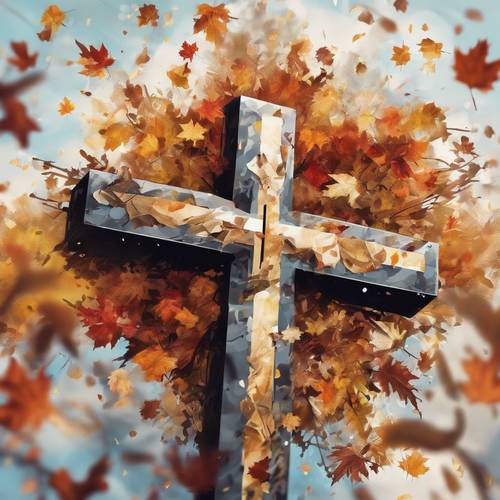 An abstract painting of a Christian cross with autumn leaves blowing around it.