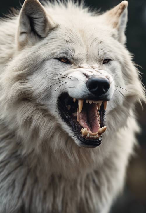 Close-up view of a white wolf snarling fiercely Валлпапер [8fae6d50cfab46528d8e]