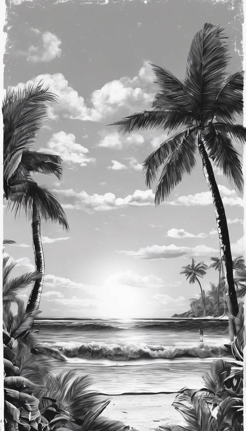 Black and white illustrator's rendition of a tropical paradise, complete with sun, sand, and surf.