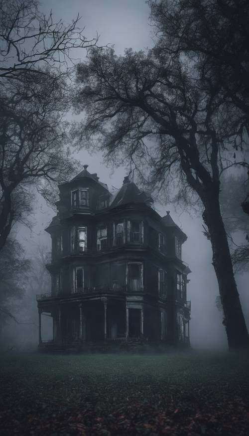 An abandoned black mansion, shrouded in dense fog, under the cover of a gloomy night sky Tapeta [4aa699649d504371b536]