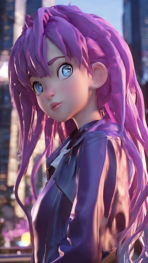 Karakter anime 3D dengan mata biru cerah dan rambut ungu panjang terurai, berdiri di lanskap kota futuristik saat matahari terbenam.