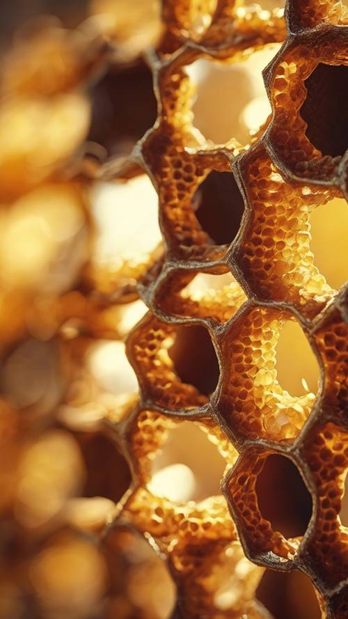 Uma visão de perto de um favo de mel hexagonal perfeito cheio de mel dourado brilhando à luz do sol.