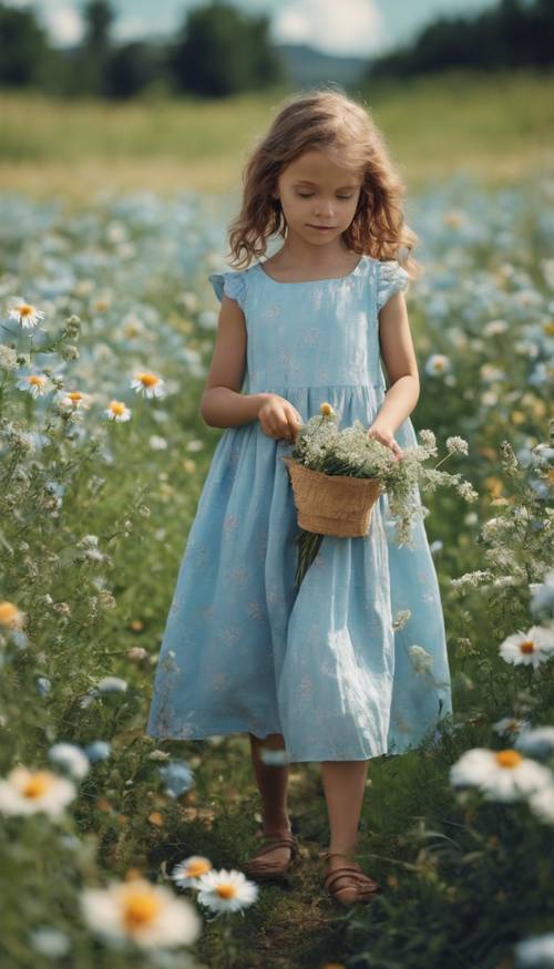 Милая маленькая девочка в голубом летнем платье собирает цветы на лугу.
