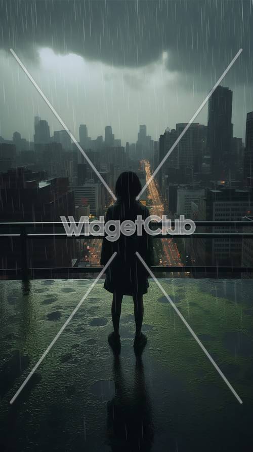 Blick auf die regnerische Stadt mit der Silhouette eines Mädchens