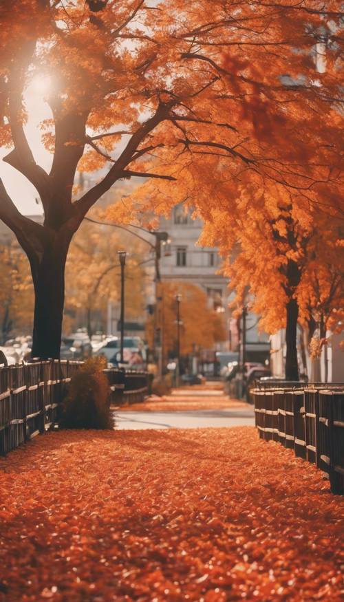 Pemandangan musim gugur yang indah dengan dedaunan pohon berubah warna menjadi oranye dan merah dengan gaya kawaii