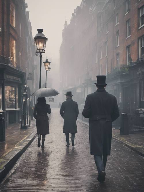 빅토리아 시대 런던의 안개가 자욱한 거리를 걷고 있는 커플.