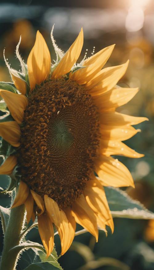 لقطة مقربة تفصيلية لزهرة عباد الشمس مع قطرات الندى على بتلاتها في ضوء شمس الصباح.