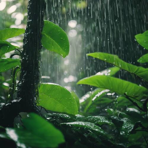 나뭇잎에서 떨어지는 물과 함께 비로 흠뻑 젖은 녹색 정글.
