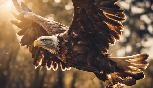 Un aigle majestueux en vol, ses plumes ressemblant à des écailles dorées sous la lumière du soleil.