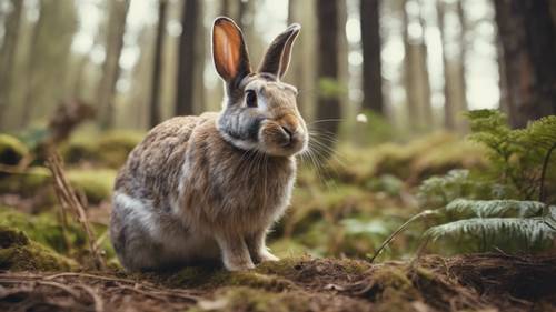 Un vecchio coniglio, in piedi e strizzando gli occhi verso qualcosa in lontananza, in una fitta foresta.