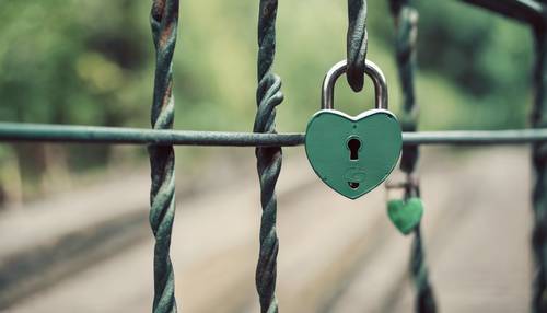 Un cadenas en forme de cœur vert sauge suspendu à un pont en fer vintage.