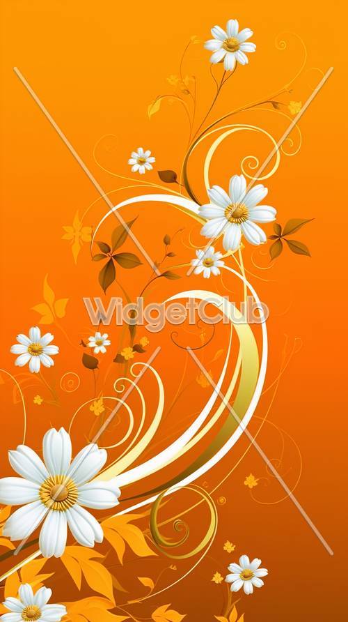 明るいオレンジ色の花模様が楽しい壁紙