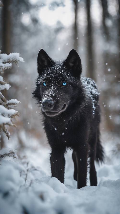 A playful black wolf pup with bright blue eyes cavorting around a snow-covered forest.