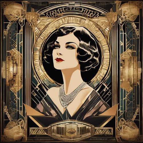 Une affiche art déco représentant une star de cinéma des années 1920, entourée de motifs théâtraux et de motifs ornementaux.