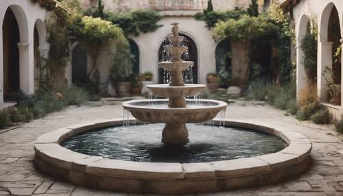 A white, stone fountain in the middle of a quiet, secluded courtyard. Tapet [8a95c0e355ef4884b5b4]
