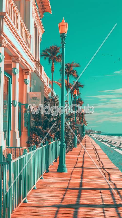 Passerelle colorée en bord de mer avec palmiers et ciel bleu