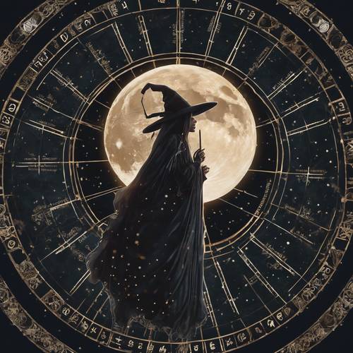 A series of witches depicted against a backdrop of different moon phases, like a lunar calendar.