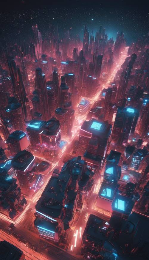 Uma cidade futurista dominada por edifícios geométricos angulares iluminados por luzes de néon sob um céu estrelado.