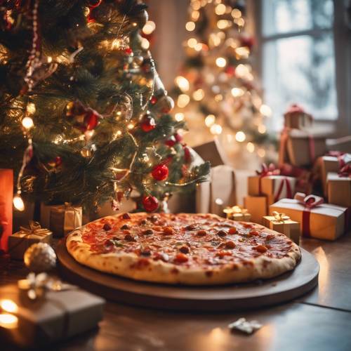 Uma árvore de Natal coberta de pizza em uma sala bem iluminada e cheia de presentes.