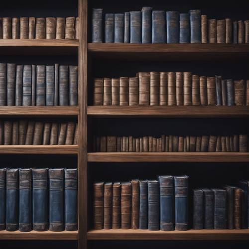 Row of dark blue vintage leather books on a wooden shelf