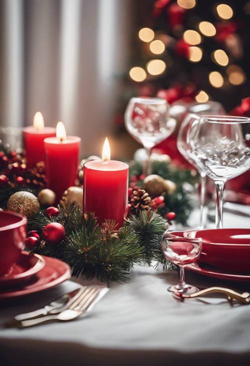 诱人的圣诞餐桌布置，带有红色装饰和节日中心装饰。