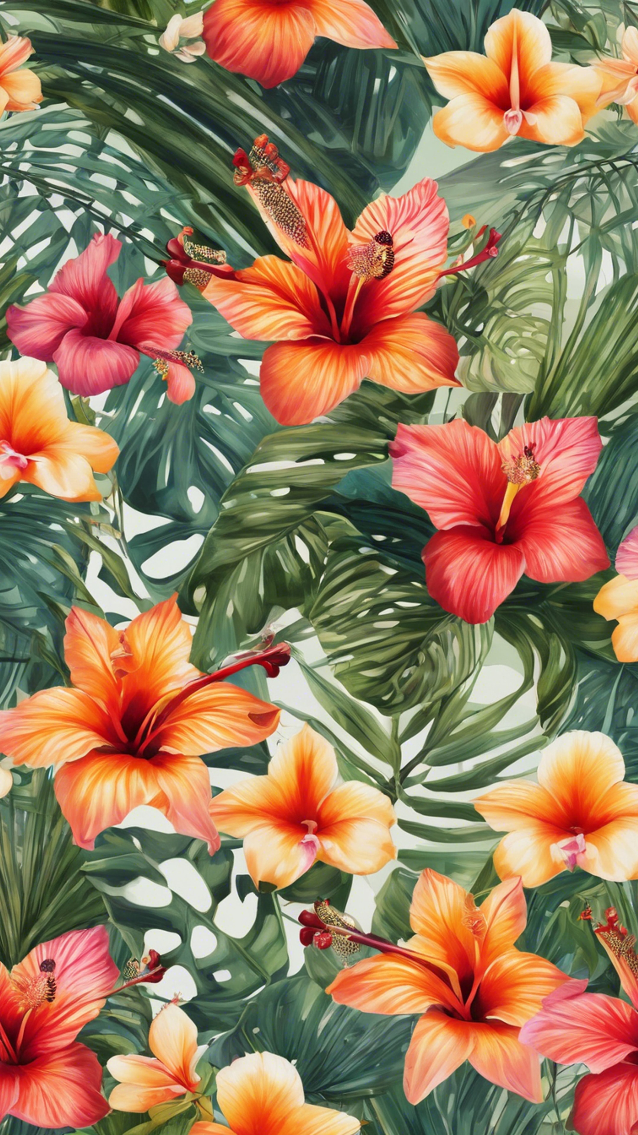 A tropical floral pattern with bursts of hibiscus, orchids, and birds of paradise.壁紙[431d72635e0a407e8628]
