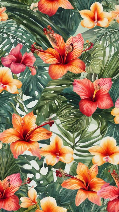 Um padrão floral tropical com rajadas de hibiscos, orquídeas e pássaros do paraíso.