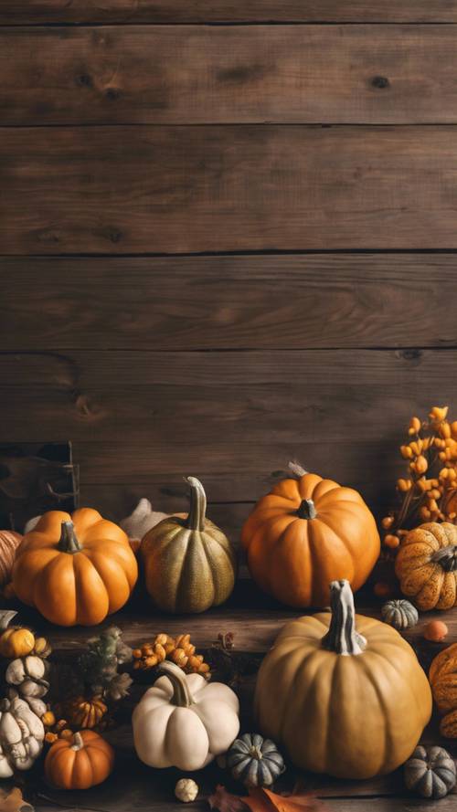 Dekorasi Thanksgiving menampilkan labu hias dan labu yang disusun secara estetis di atas meja kayu antik.