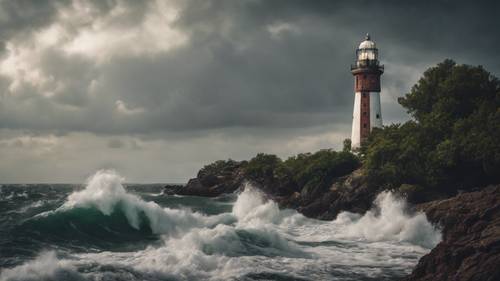 A towering lighthouse against a stormy sea highlights 'Storms make trees take deeper roots'.