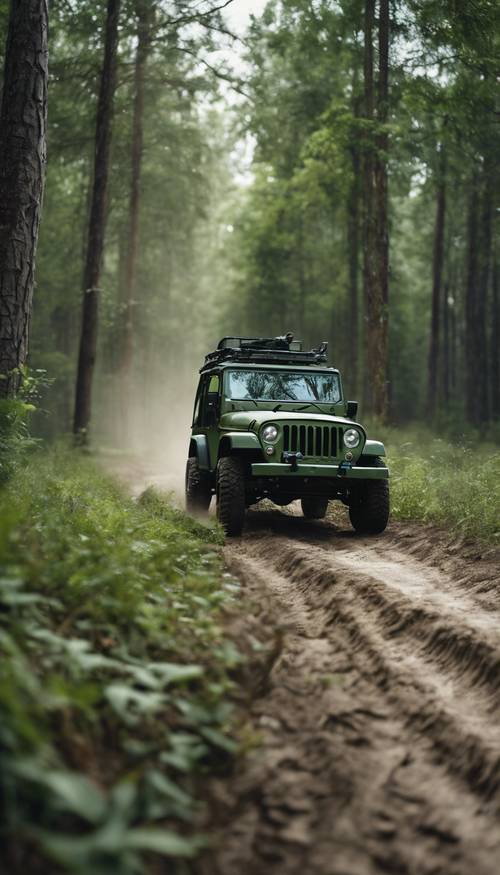 Green camouflage painted jeep speeding on a dirt road amidst a forest.