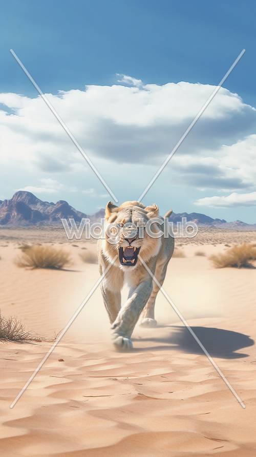 사막 장면에서 포효하는 사자