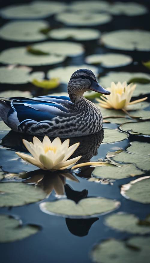 Blue duck on the lily-pad covered surface of a calm, moonlit lake. Tapet [b733c88b4038451a9aff]