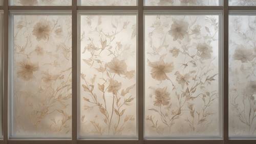 Okno z matowego szkła z beżową akwafortą kwiatową.