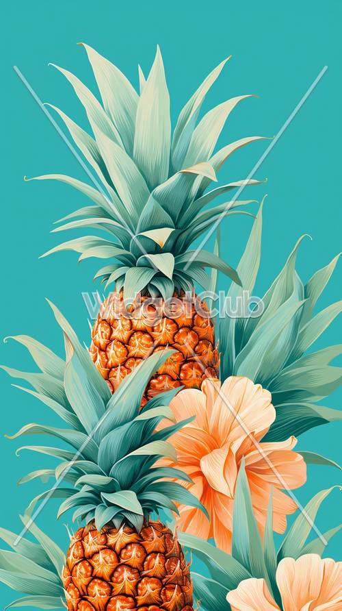Tropical Pineapple and Flowers Background