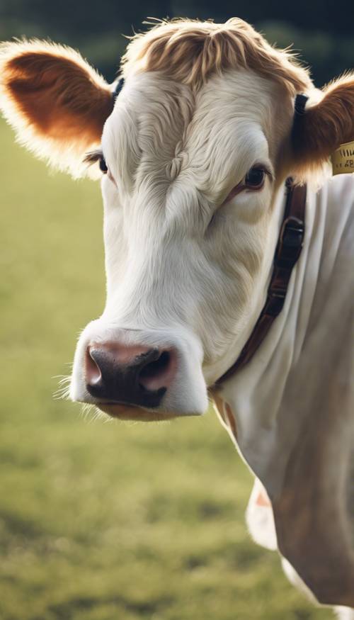 Một chú bò trẻ xinh xắn mặc chiếc áo sơ mi polo trắng sắc nét Hình nền [9f0ad06343974039a47d]
