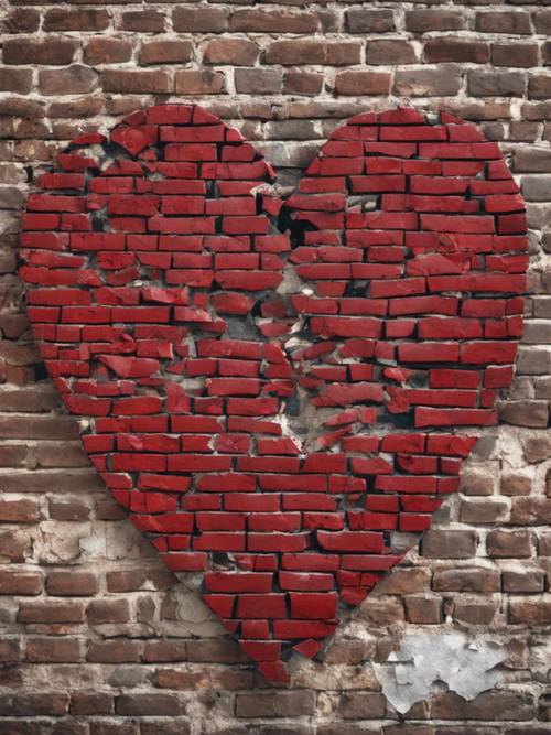 A broken red heart graffitied onto a crumbling brick wall.